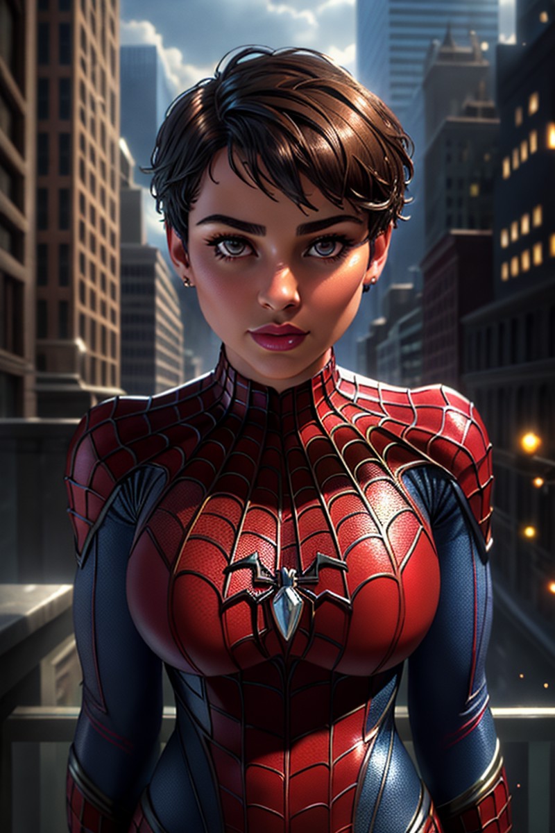 Thick layered papercut art of Closeup fullbody portrait of teeny female Spiderman, gnger short hair, city, intricate backg...